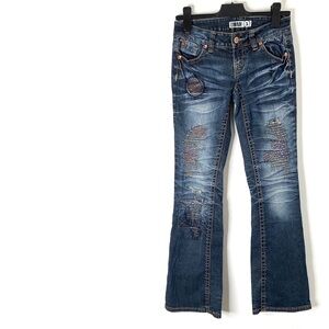 Y2K Embroidered Patchwork Flare Jeans Whiskered Distressed Stretch Denim